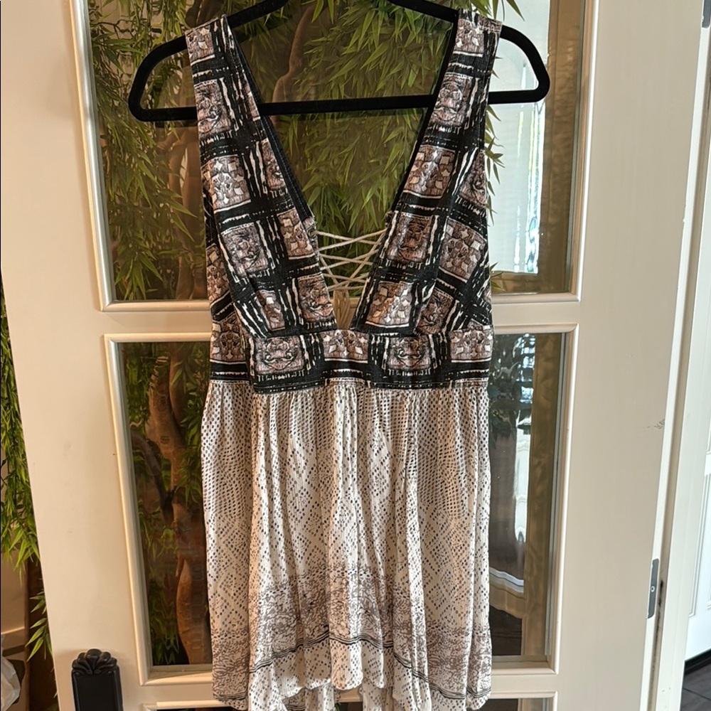 Free People Black and Cream Mini Swim Suit Cover Up Skater Short Flowy Dress